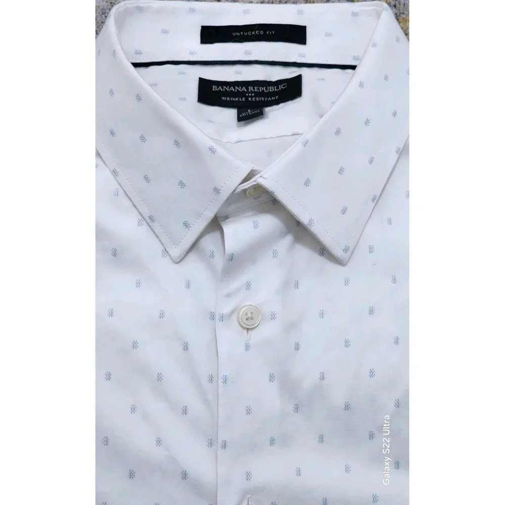 Banana Republic Men's White Blue Wrinkle Resistant Untucked Fit LS Shirt Size L